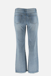 Back view of light blue flared jeans with a faded hem for a stylish casual look.