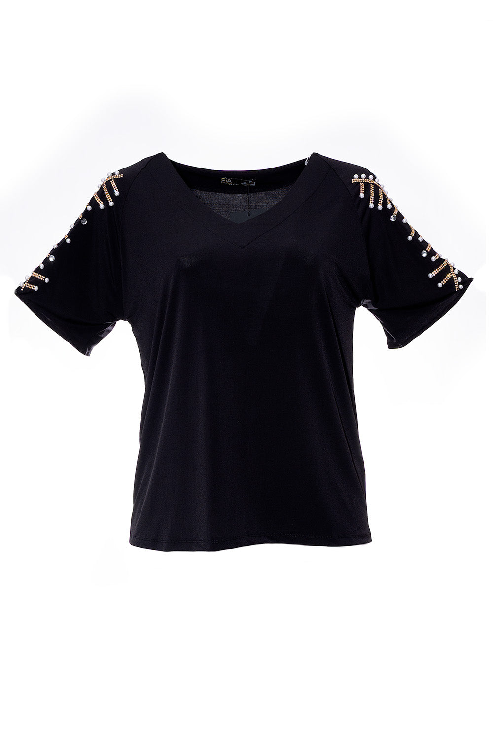 Μαύρη μπλούζα με πέρλες και στρας στα μανίκια Fia Fashion