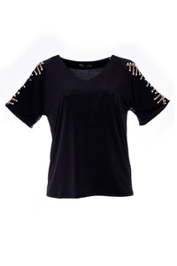 Μαύρη μπλούζα με πέρλες και στρας στα μανίκια Fia Fashion