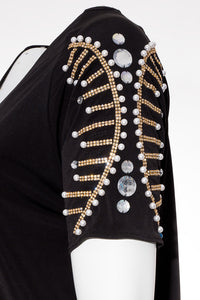 Μαύρη μπλούζα με πέρλες και στρας στα μανίκια Fia Fashion