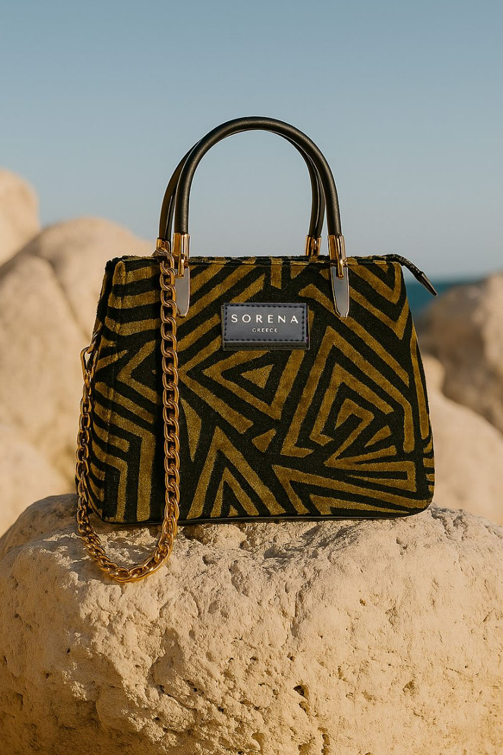 Τσάντα Sorena με χρυσό γεωμετρικό σχέδιο και αλυσίδα