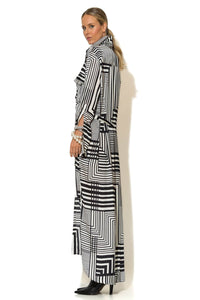 Ασπρόμαυρο μακρύ σατέν φόρεμα oversized με γεωμετρικό print και κουμπιά