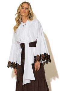 Boho πουκάμισο με φουλάρι στον γιακά και δαντέλα στα μανίκια