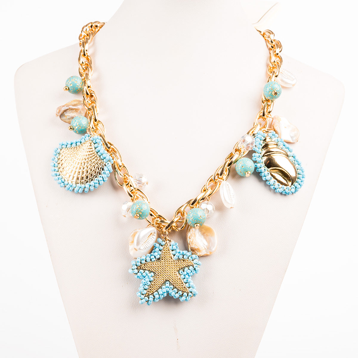 Γυναικείο καλοκαιρινό κολιέ με χρυσή αλυσίδα, αστερία, κοχύλια και τιρκουάζ χάντρες