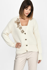 Εκρού πλεκτή ζακέτα με διακοσμητικές καρφίτσες
