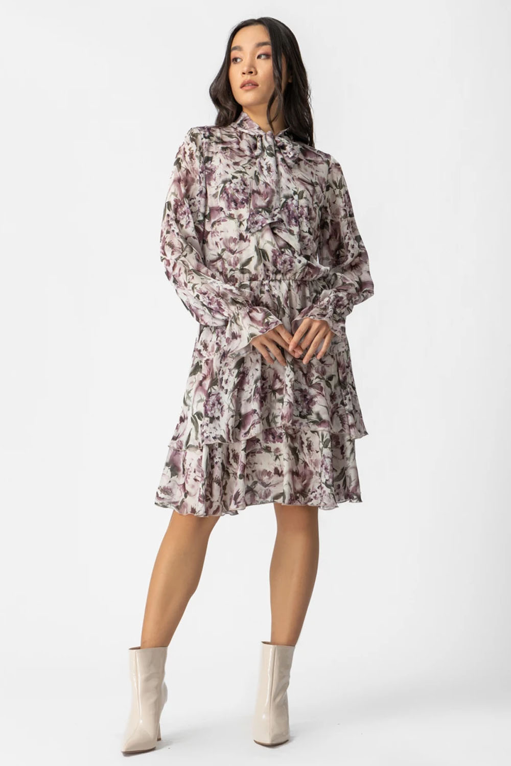 Εμπριμέ φόρεμα με διαφάνεια και φιόγκο στο γιακά – Ellisargi Boutique