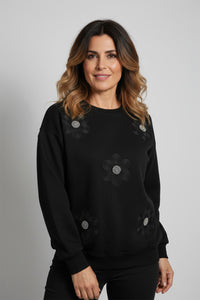 Μαύρο φούτερ με λουλούδια και διακοσμητικές πέτρες