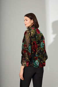 Μπλούζα διαφάνεια με βελούδινα λουλούδια σε κόκκινες και πράσινες αποχρώσεις με χρυσές λεπτομέρειες.