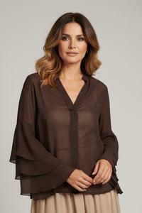 Καφέ διάφανο πουκάμισο με βολάν μανίκια και κουμπιά μπροστά – Ellisargi Boutique