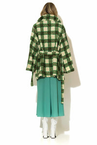 Καρό παλτό μπουκλέ C-THROU σε πράσινο και εκρού με ζώνη – Ellisargi Boutique