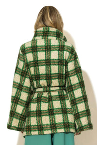 Καρό παλτό μπουκλέ C-THROU σε πράσινο και εκρού με ζώνη – Ellisargi Boutique