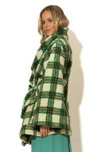 Καρό παλτό μπουκλέ C-THROU σε πράσινο και εκρού με ζώνη – Ellisargi Boutique