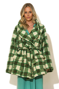 Καρό παλτό μπουκλέ C-THROU σε πράσινο και εκρού με ζώνη – Ellisargi Boutique