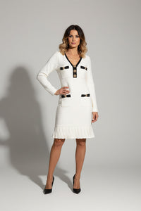 Λευκό μίντι φόρεμα με μαύρες λεπτομέρειες και χρυσά κουμπιά Ellisargi Boutique