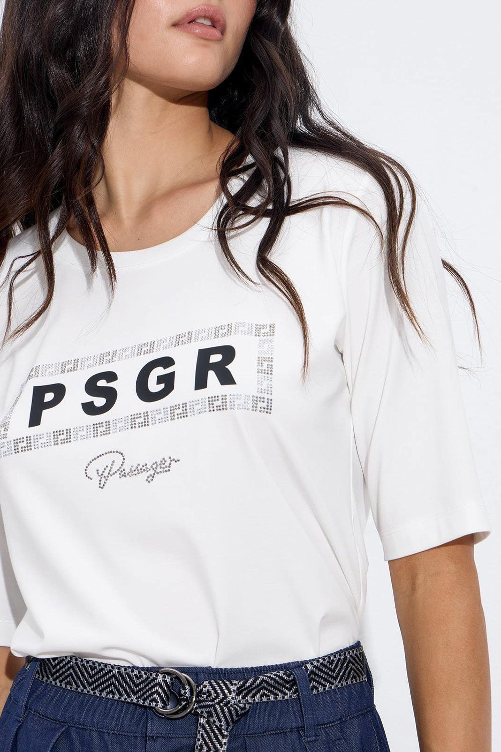 Λευκό t-shirt με τύπωμα PSGR και λεπτομέρειες από στρας, Ellisargi Boutique