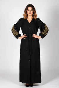 Μαύρο μακρύ φόρεμα με χρυσό τύπωμα στα μανίκια