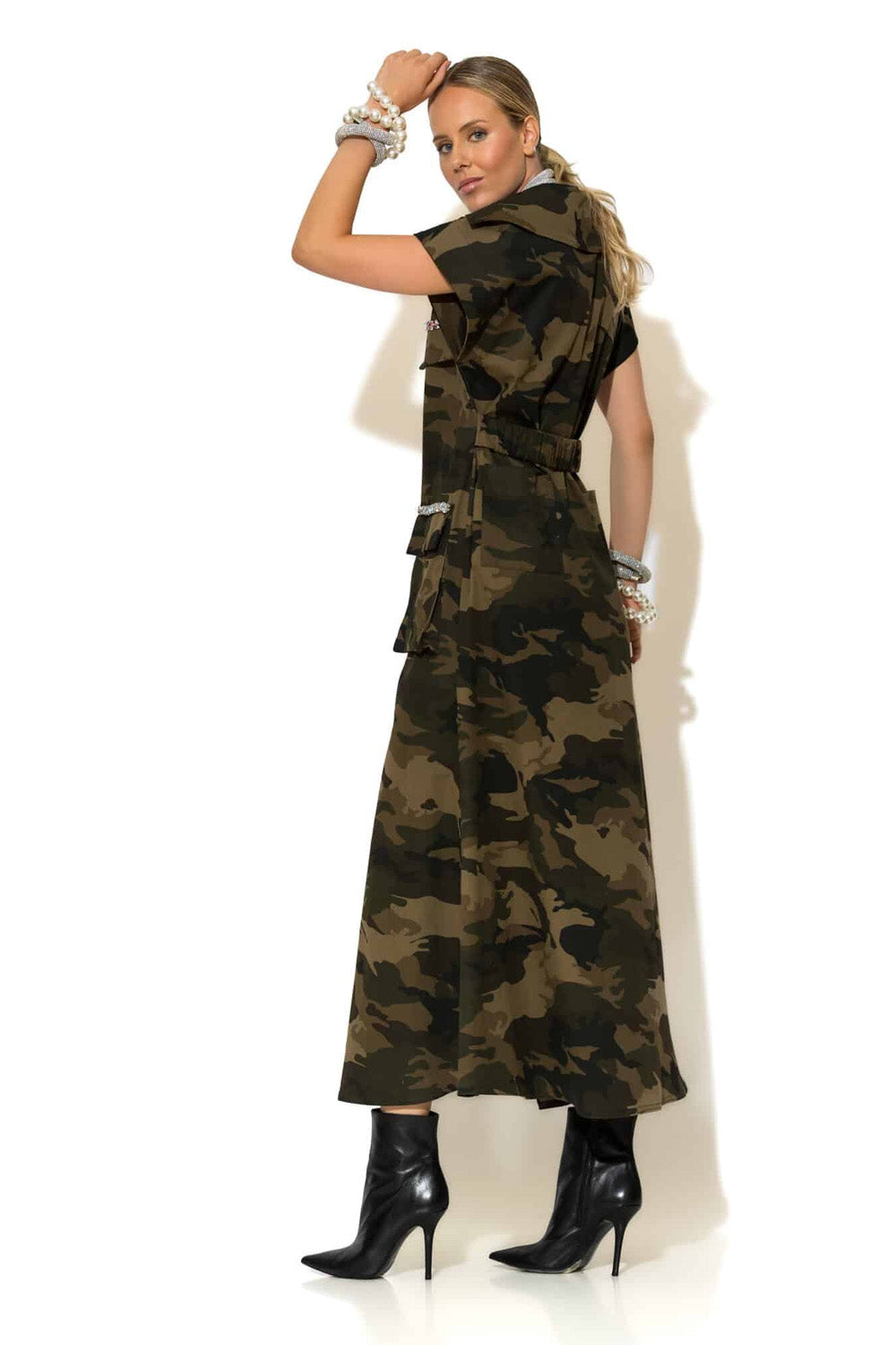 Μάξι camo φόρεμα cargo C-THROU με πέτρες και φερμουάρ μπροστά – Ellisargi Boutique