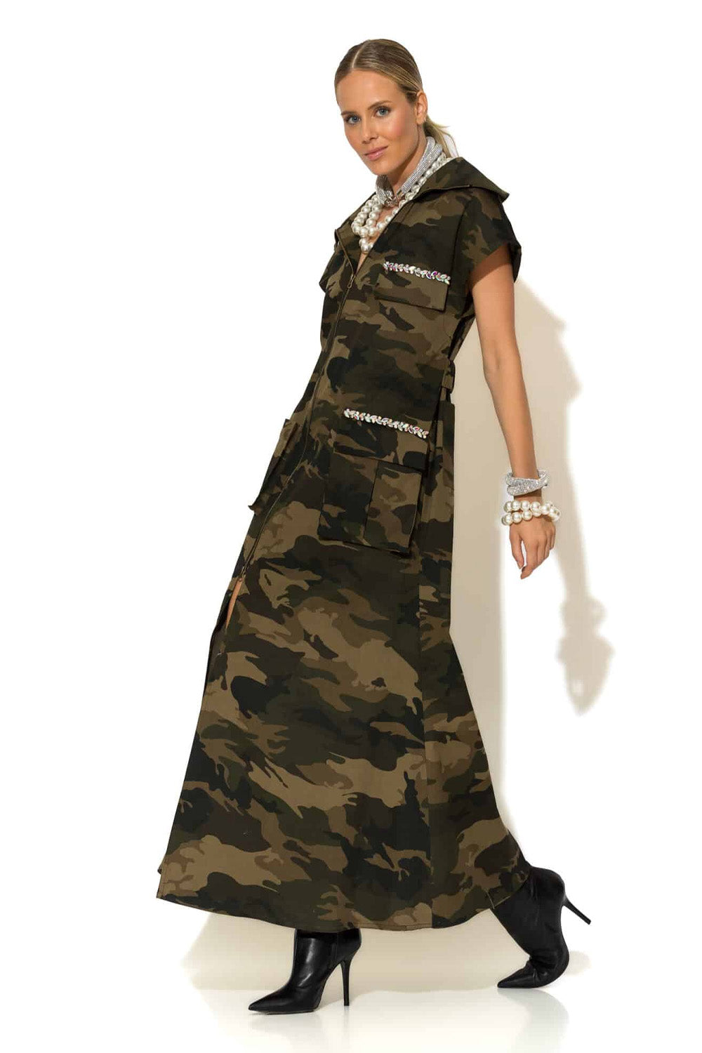 Μάξι camo φόρεμα cargo C-THROU με πέτρες και φερμουάρ μπροστά – Ellisargi Boutique