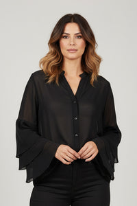 Μαύρο διάφανο πουκάμισο με βολάν μανίκια