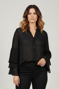 Μαύρο διάφανο πουκάμισο με βολάν μανίκια