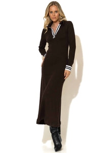 Μίντι πλεκτό φόρεμα ριπ C-THROU σε σοκολατί καφέ χρώμα με γιακά polo και λευκές ρίγες – Ellisargi Boutique