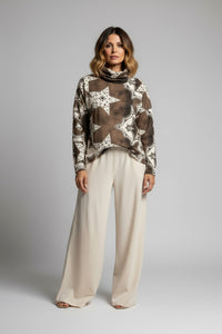 Μπλούζα καφέ-εκρού με print αστέρια και ζιβάγκο – Ellisargi Boutique
