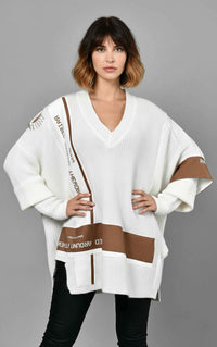 Λευκό πλεκτό oversize με καφέ λεπτομέρειες