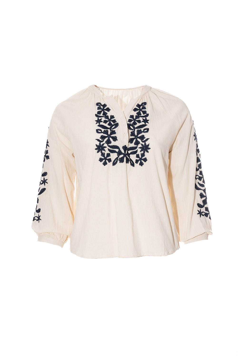 Εκρού πουκάμισο με μπλε κεντητό σχέδιο μπροστά και στα μανίκια, Ellisargi Boutique