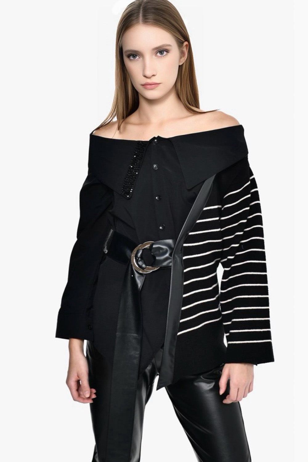 Μαύρο πουκάμισο με ρίγες στα μανίκια και ζώνη Ellisargi Boutique