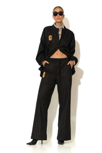 Ριγέ φαρδύ παντελόνι με λάστιχο και λογότυπο C-THROU