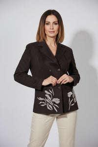 Σκούρο καφέ σακάκι με λευκά κεντήματα και διπλή σειρά κουμπιών από την Ellisargi Boutique