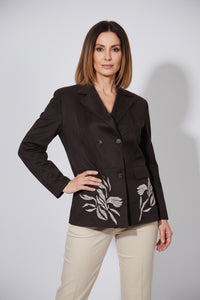Σκούρο καφέ σακάκι με λευκά κεντήματα και διπλή σειρά κουμπιών από την Ellisargi Boutique