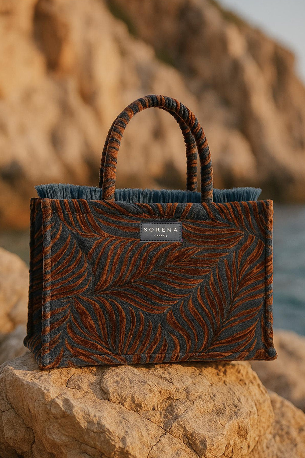 Sorena τσάντα χειρός leaf print καφέ-μπλε με βελούδινη εσωτερική επένδυση