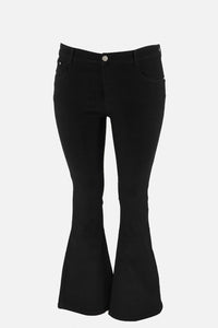 Black flared jeans with high waist, stretchy fabric and casual chic style, essential for every wardrobe.