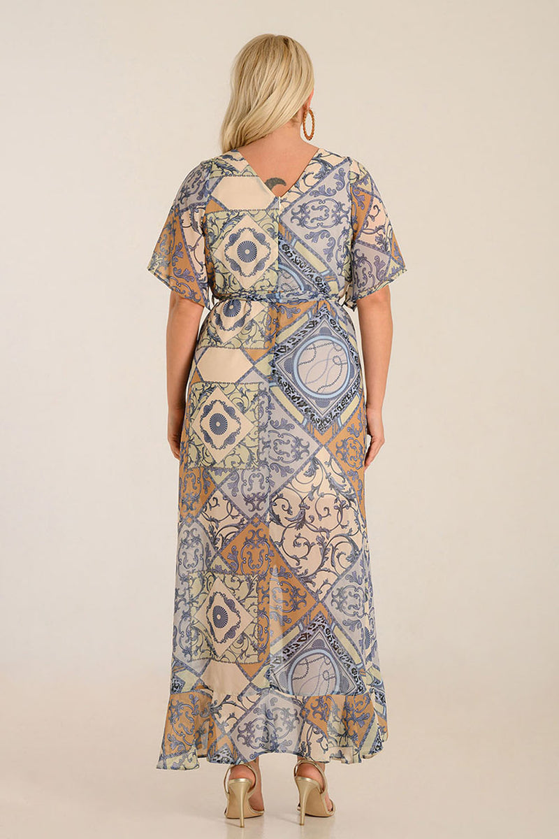 Back view of a flowing boho-chic muslin dress with intricate patterns and a belted waist, perfect for casual or formal occasions.
