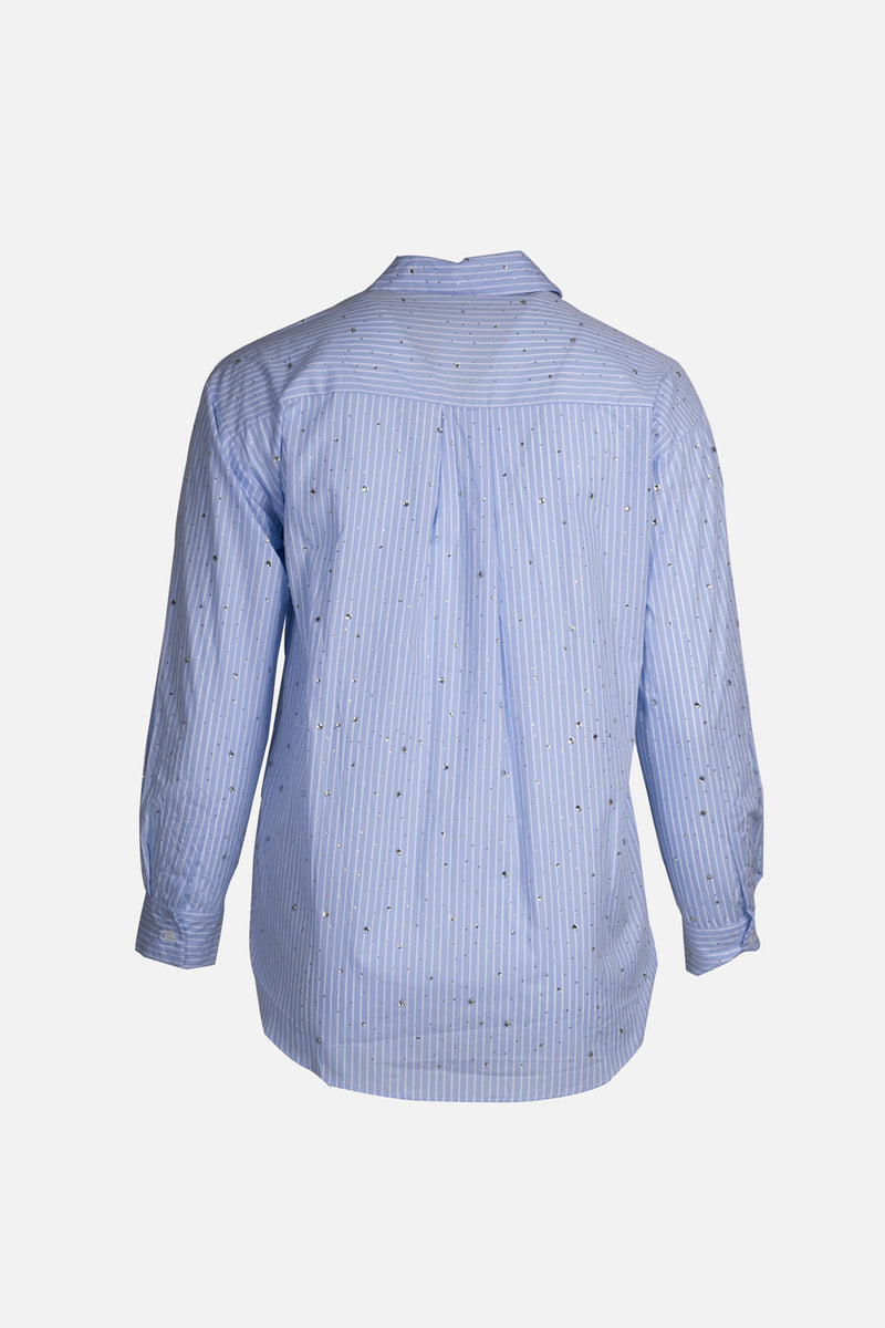 Back view of a blue striped shirt with rhinestones, featuring long sleeves and a classic collar.