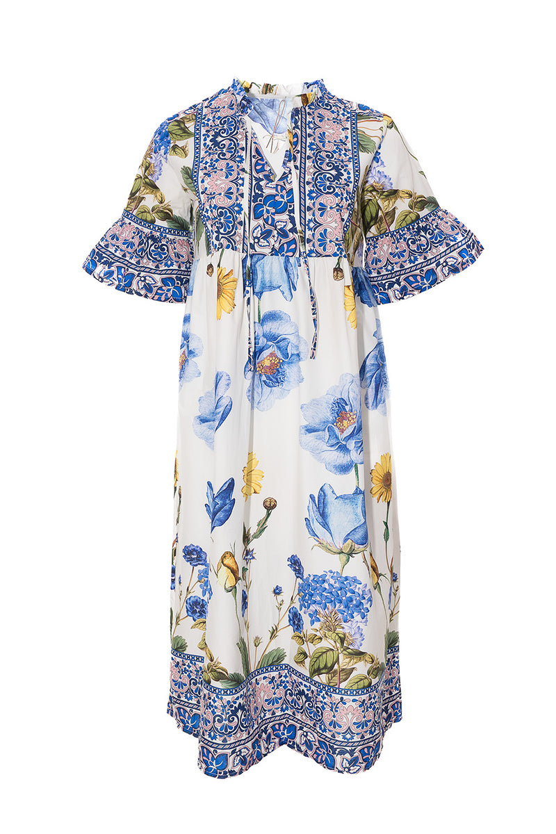 Μακρύ εκρού φόρεμα με μπλε boho floral print και βολάν μανίκια