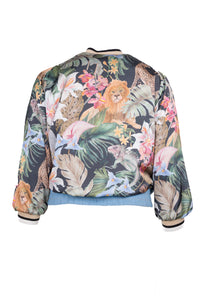 Γυναικείο bomber τζιν με φλοράλ μανίκια και jungle print πλάτη