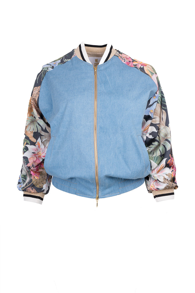 Γυναικείο bomber τζιν με φλοράλ μανίκια και jungle print πλάτη
