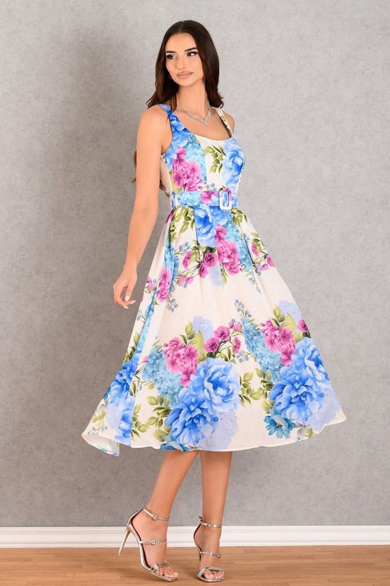 Φόρεμα DERPOULI floral midi με ζώνη και λουλουδάτο print
