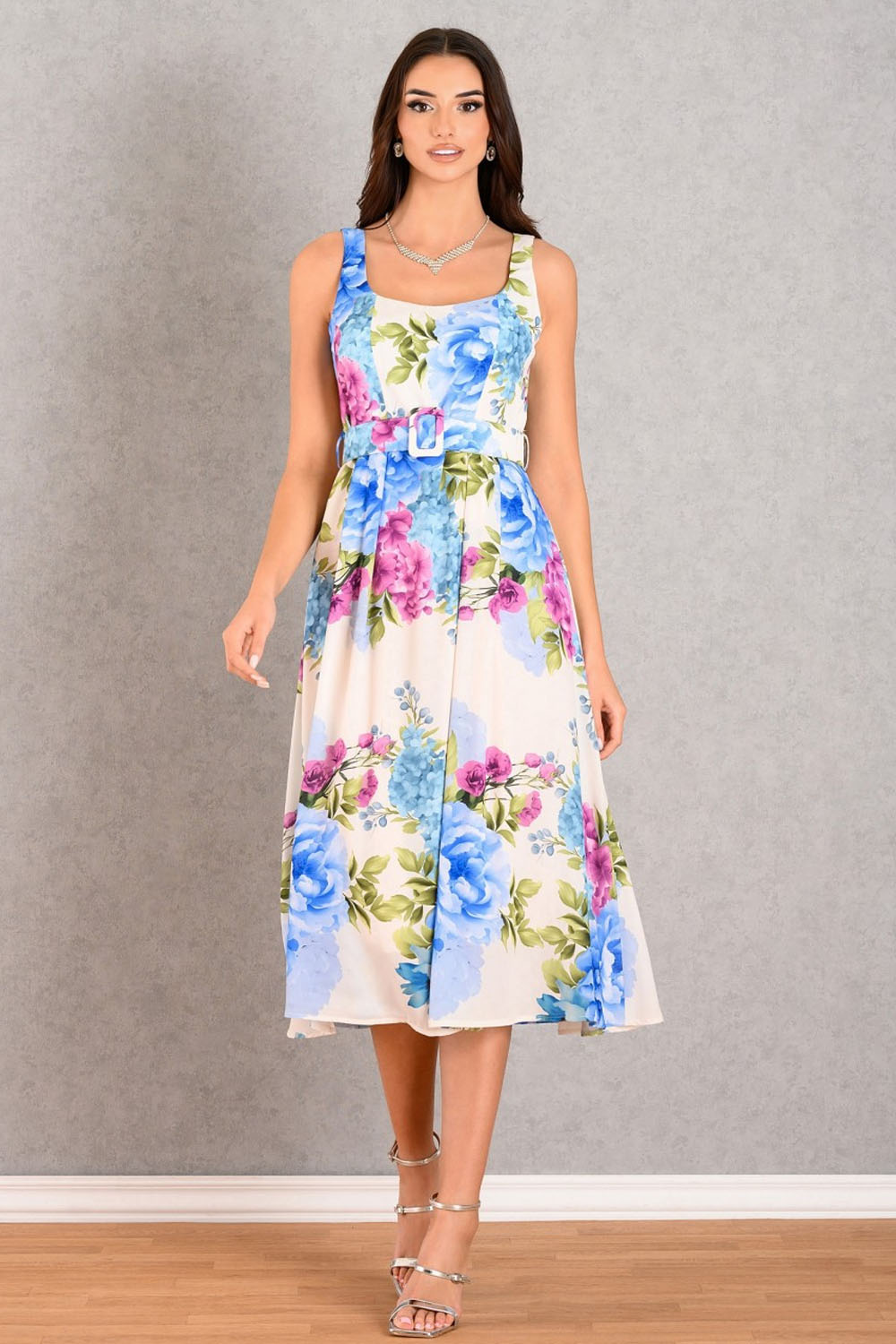 Φόρεμα DERPOULI floral midi με ζώνη και λουλουδάτο print