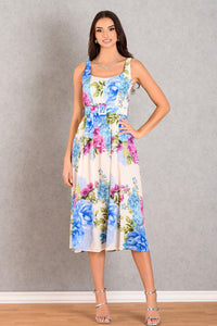 Φόρεμα DERPOULI floral midi με ζώνη και λουλουδάτο print