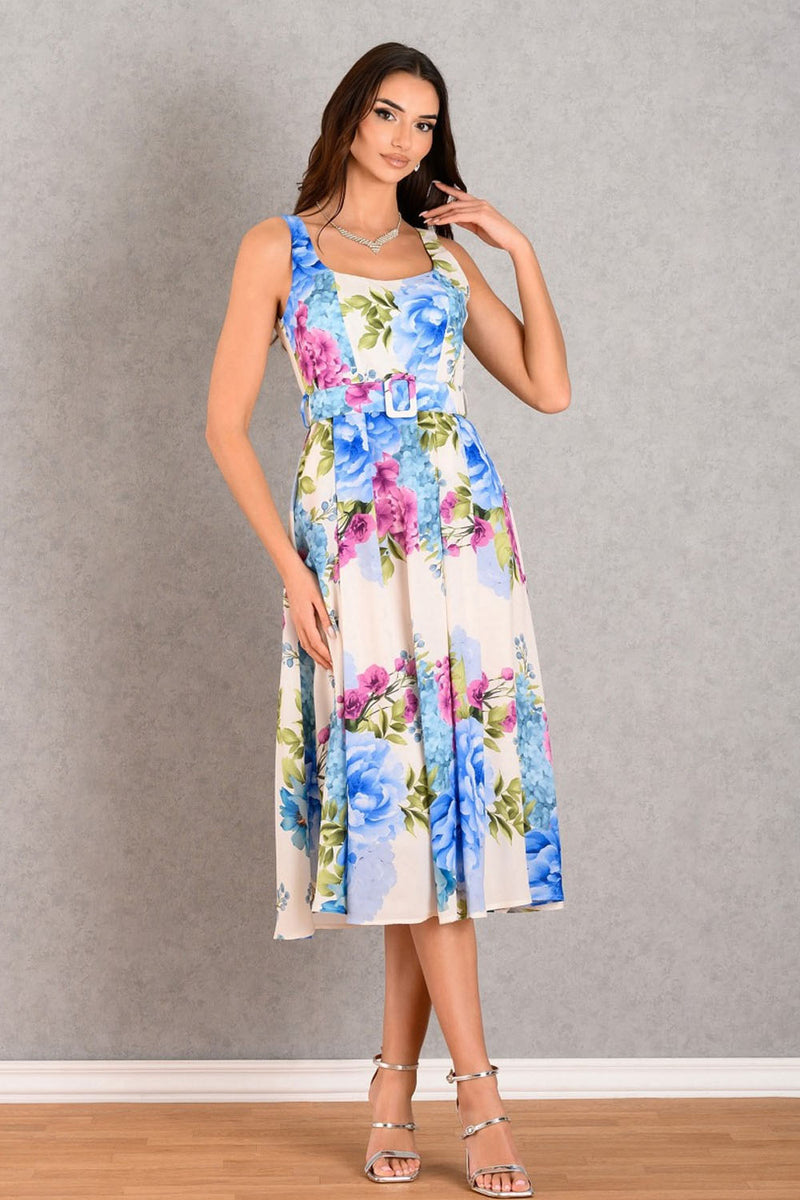 Φόρεμα DERPOULI floral midi με ζώνη και λουλουδάτο print