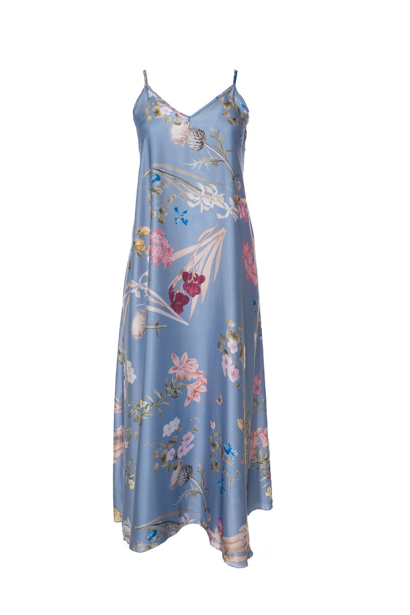 Μακρύ σατέν μπλε φόρεμα με floral print και λεπτές τιράντες