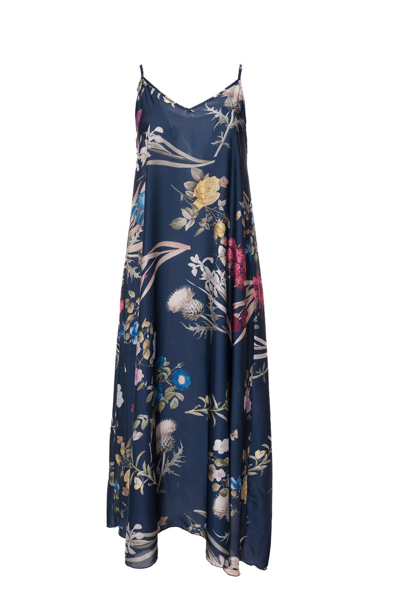 Μακρύ σατέν φόρεμα σκούρο μπλε με floral print και τιράντες