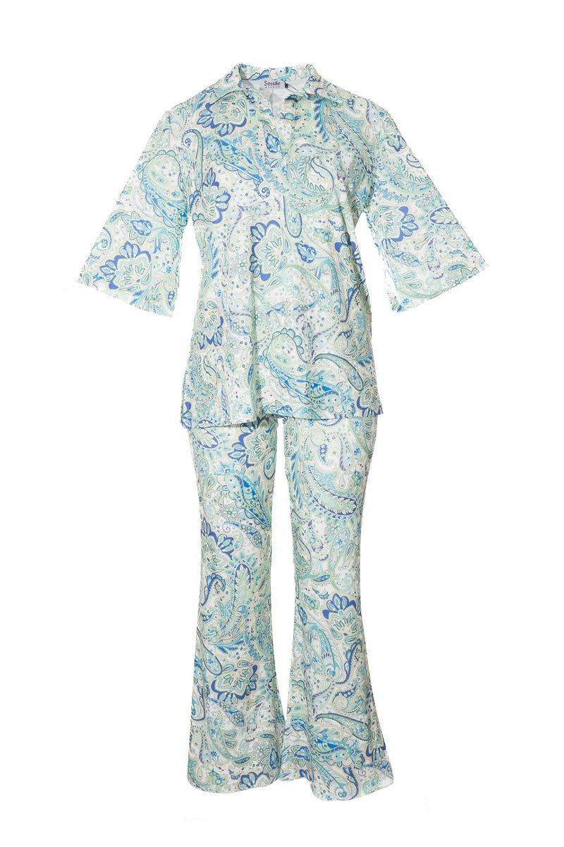 Σετ με paisley print σε γαλάζιες και πράσινες αποχρώσεις τοπ και παντελόνα καμπάνα