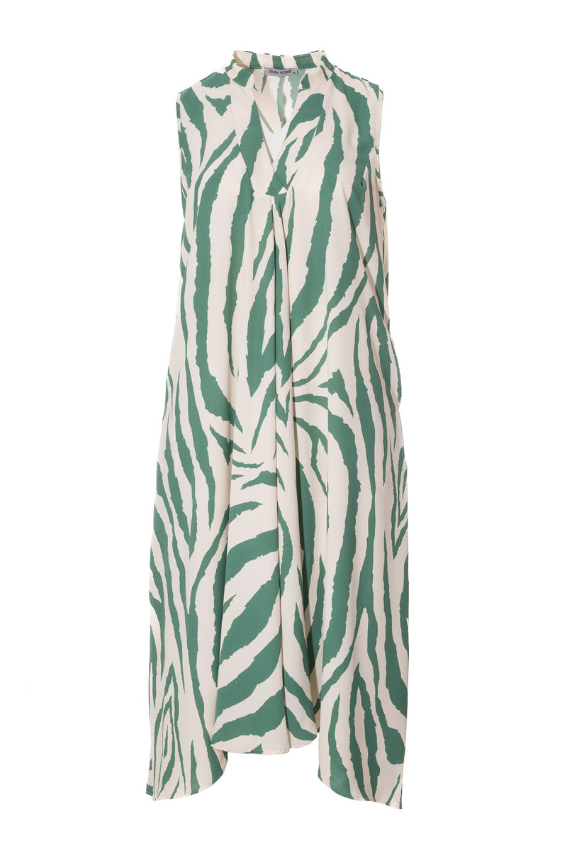 Μακρύ αμάνικο φόρεμα με πράσινο zebra print και V λαιμόκοψη