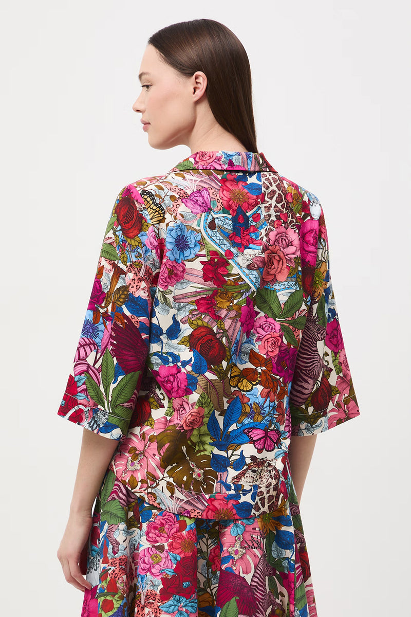 Γυναικείο πουκάμισο με floral print σε φούξια και μπλε αποχρώσεις από ύφασμα με lyocell