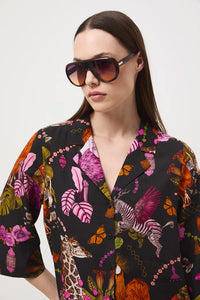 Γυναικείο πουκάμισο με exotic tropical print σε μαύρη βάση και φούξια λεπτομέρειες από ύφασμα με lyocell