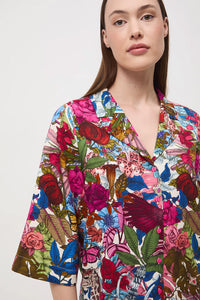 Γυναικείο πουκάμισο με floral print σε φούξια και μπλε αποχρώσεις από ύφασμα με lyocell
